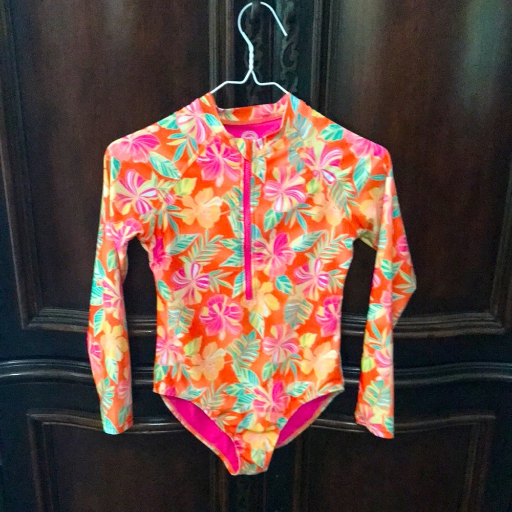 Kids Long Sleeve Floral Rash Guard Swimsuit - Pink & Orange. 10/12